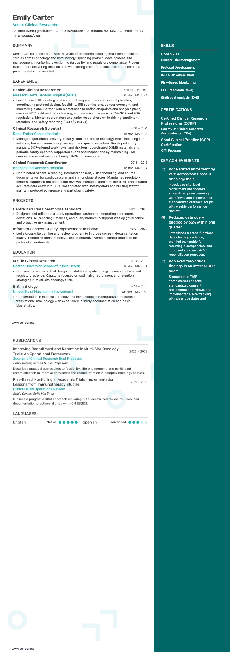 Senior Clinical Researcher example resume