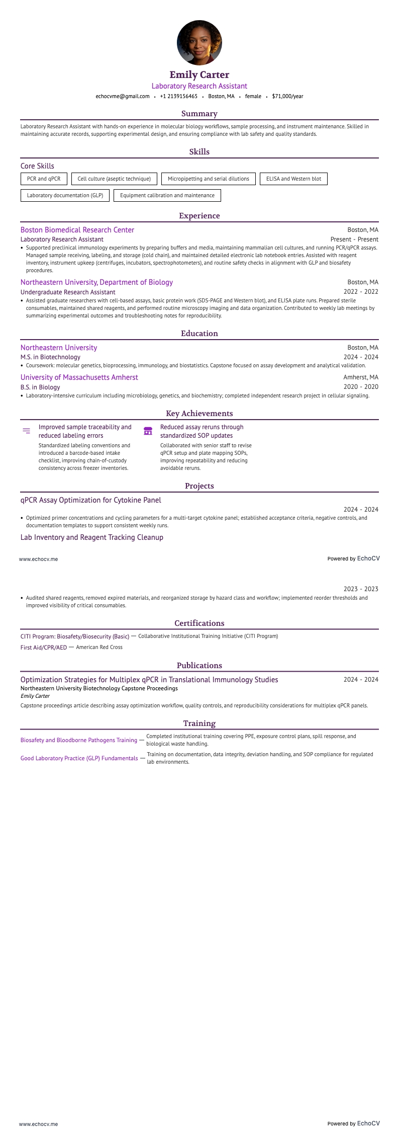 Assistente de pesquisa de laboratório example resume