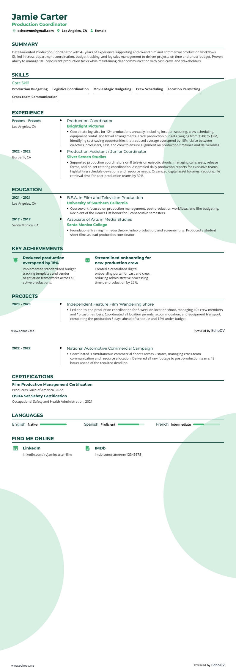 Production Coordinator example resume