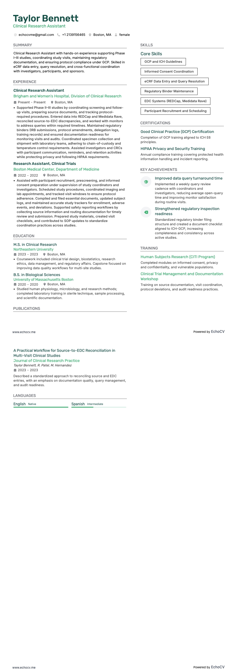 Assistente de pesquisa clínica example resume