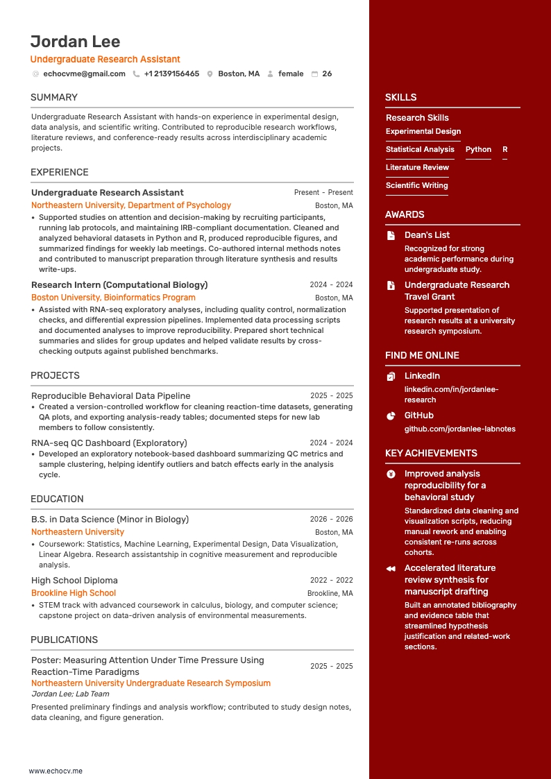 Assistente de pesquisa de graduação example resume