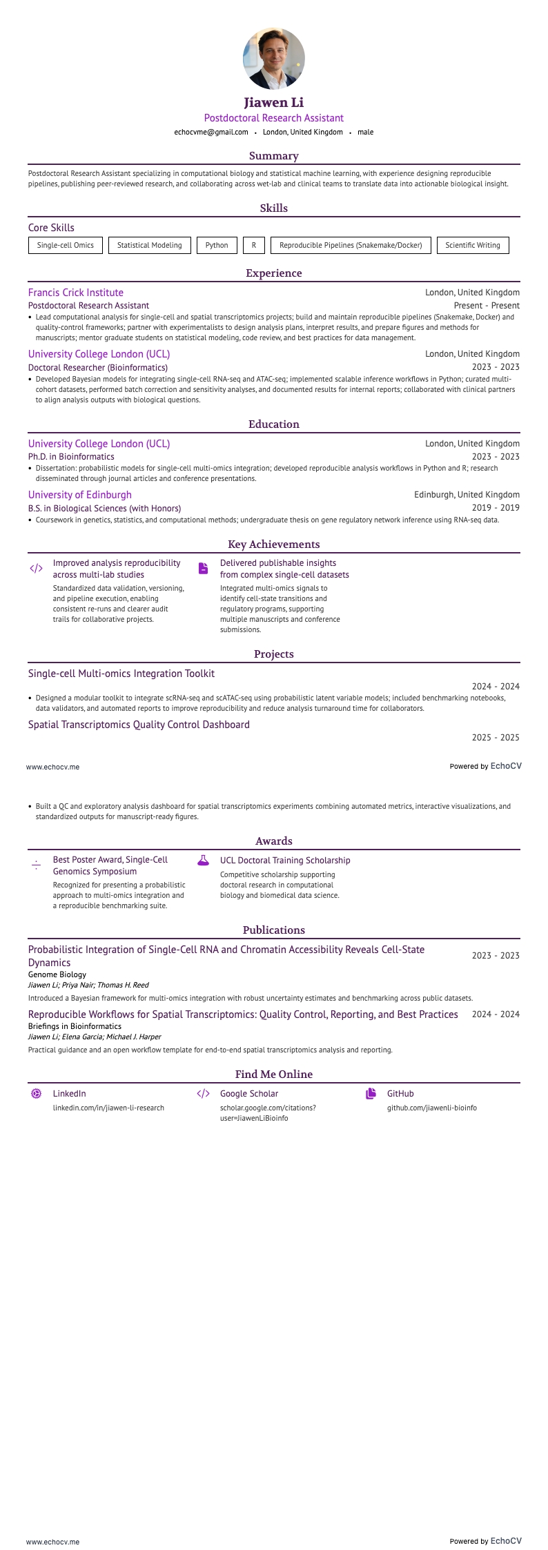 Assistente de pesquisa de pós-doutorado example resume