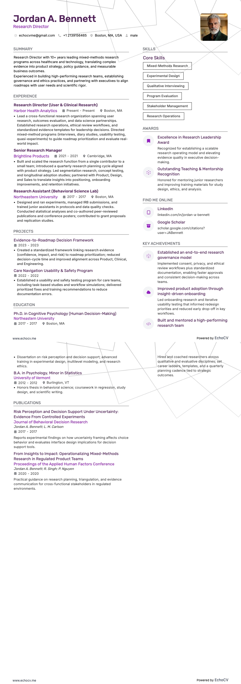 Diretor de Pesquisa example resume