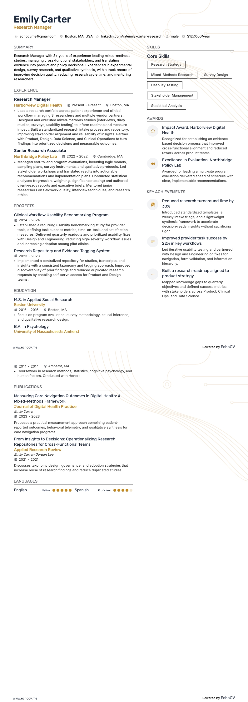 Gerente de Pesquisa example resume