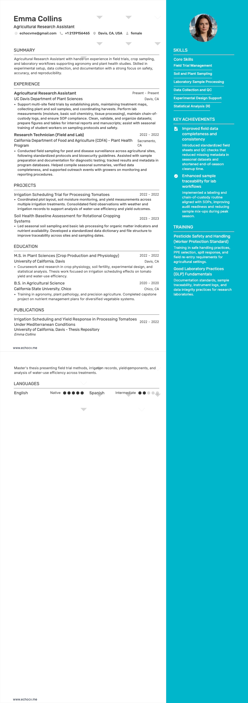 Assistente de Pesquisa Agrícola example resume