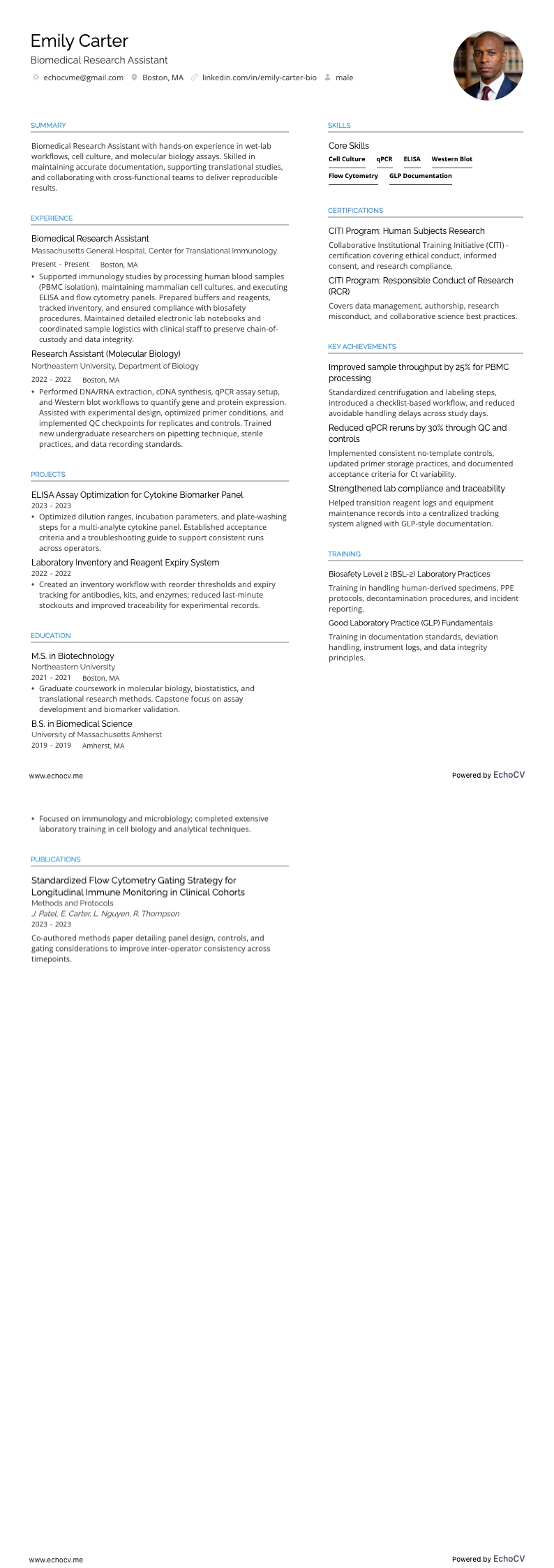 Assistente de Pesquisa Biomédica example resume