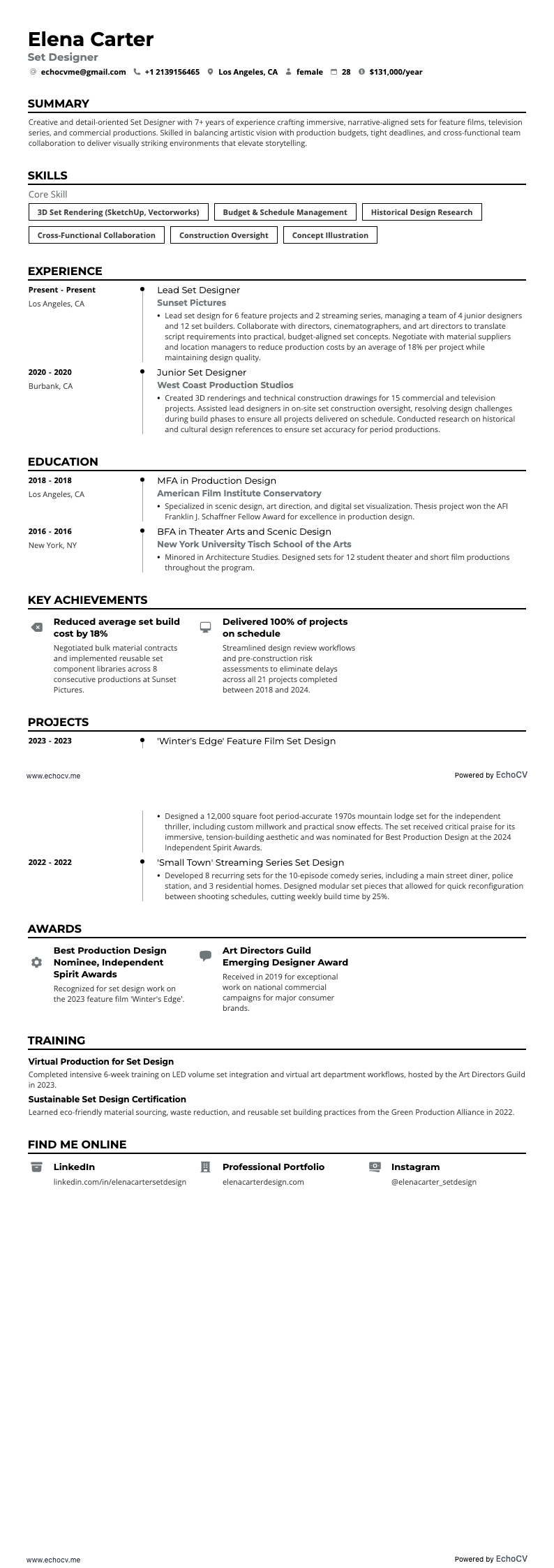 Set Designer example resume