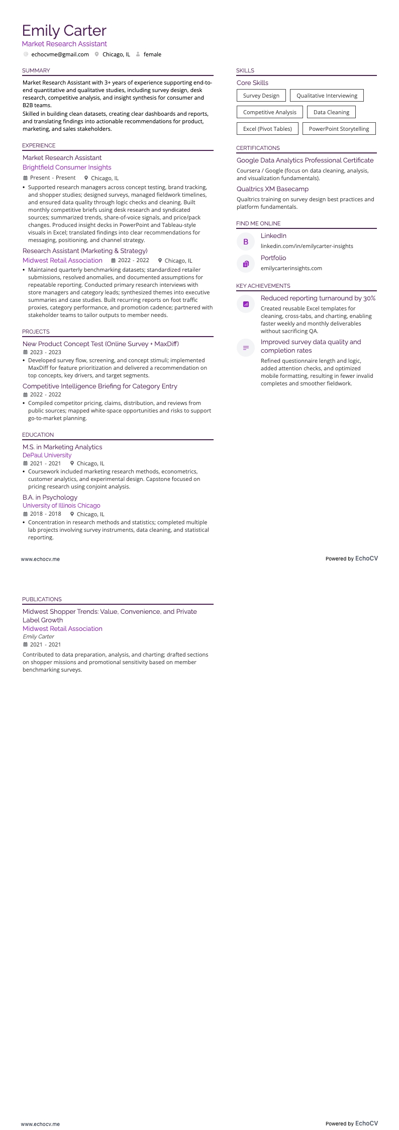 Assistente de pesquisa de mercado example resume