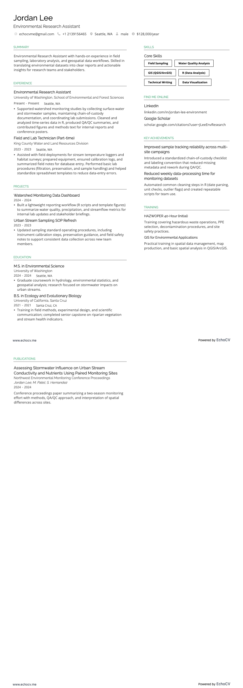 Assistente de pesquisa ambiental example resume