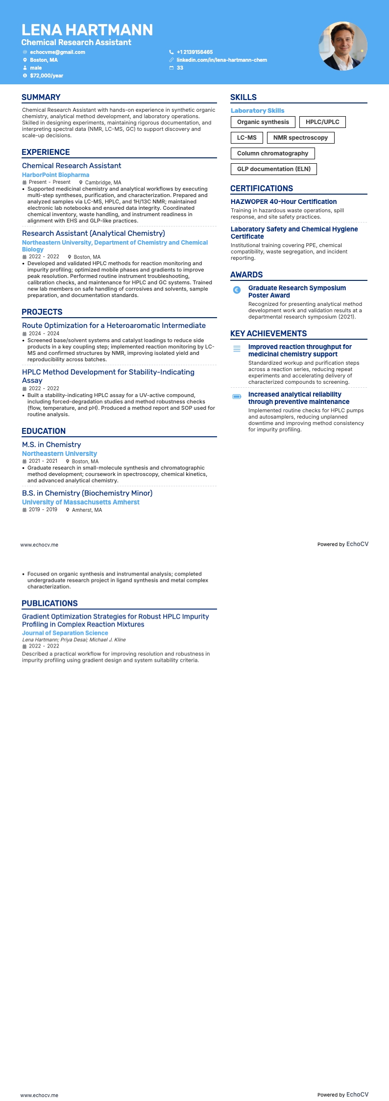 Assistente de pesquisa química example resume
