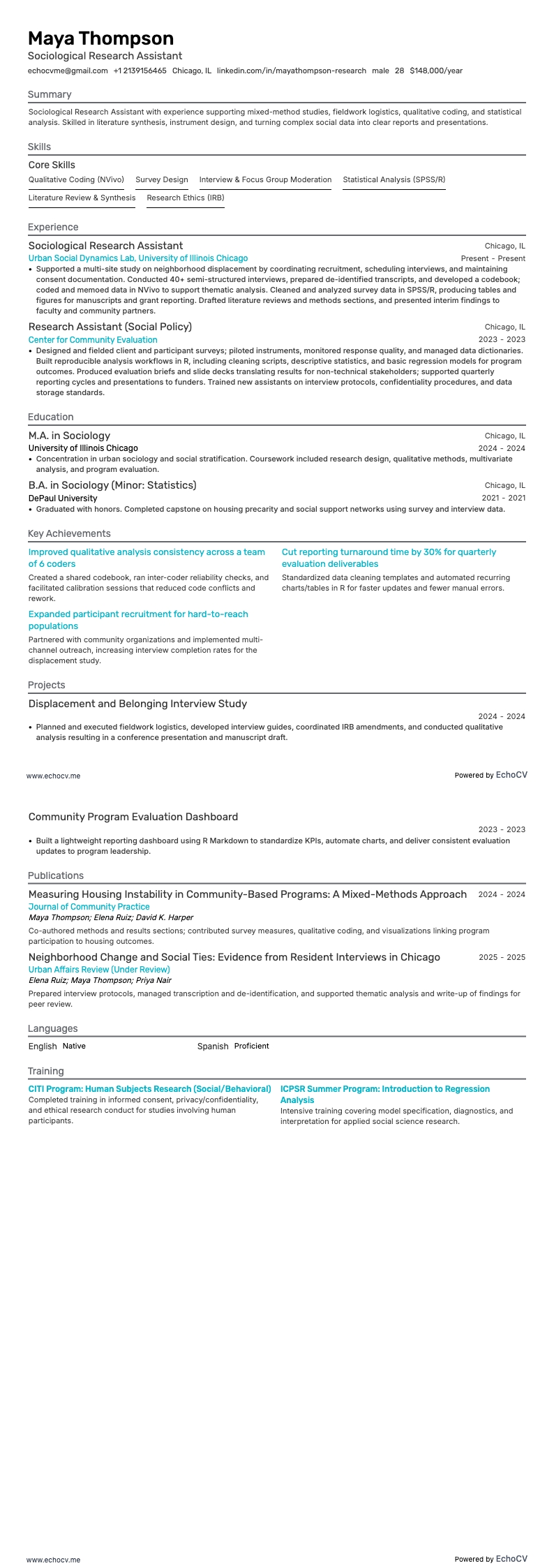 Assistente de pesquisa em sociologia example resume