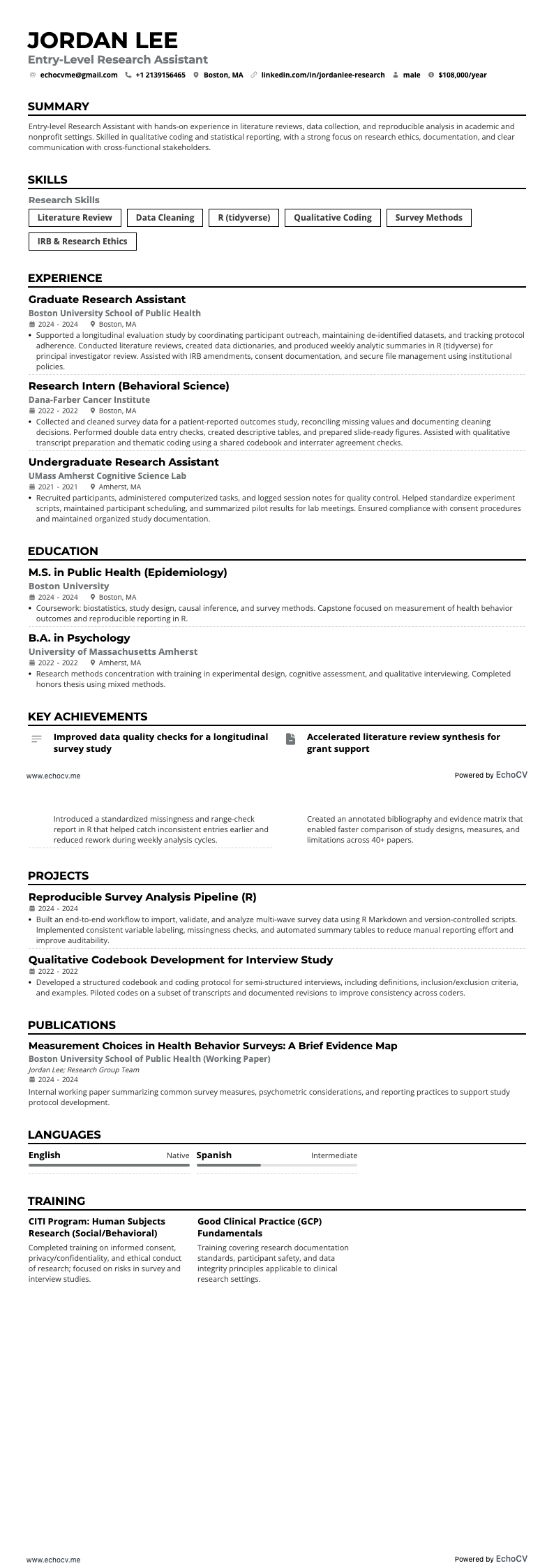 Assistente de pesquisa de nível inicial example resume