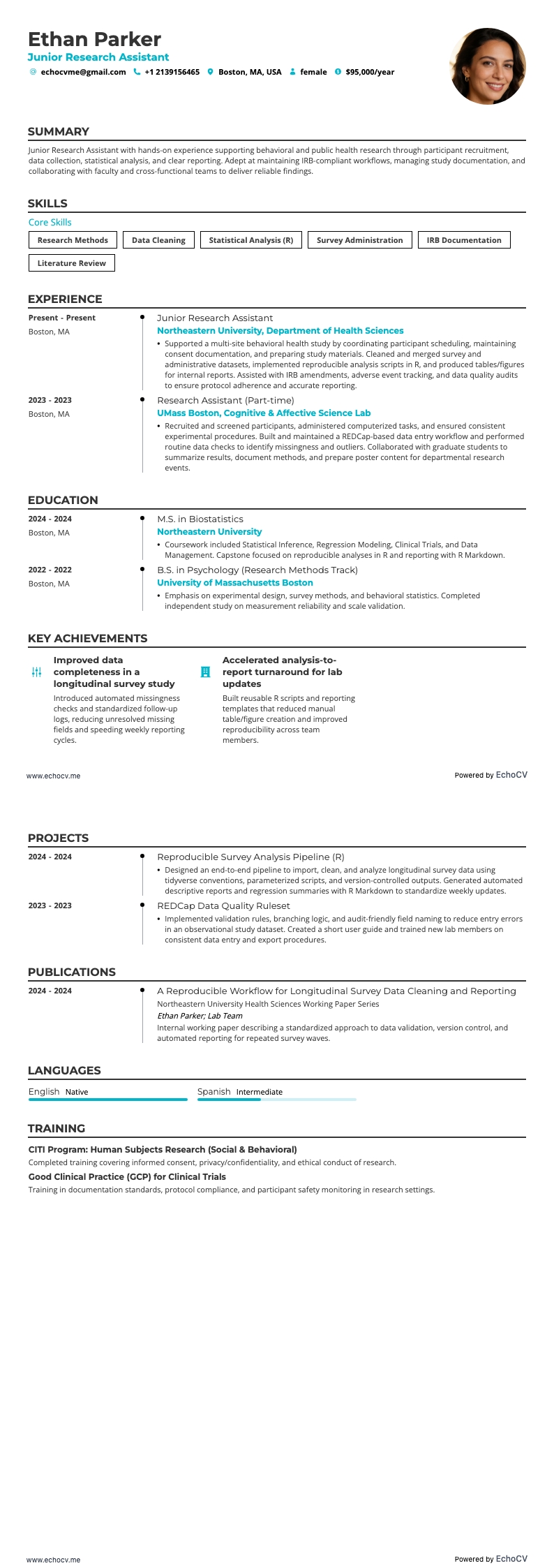 Assistente de pesquisa júnior example resume