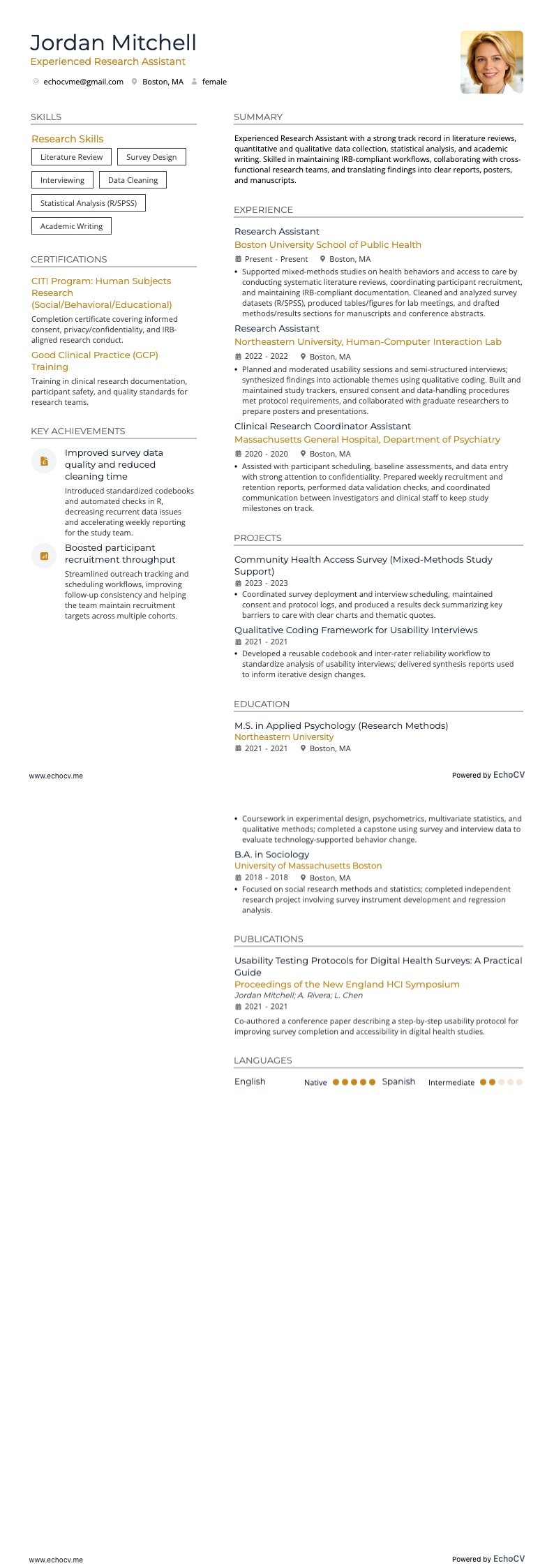 Assistente de Pesquisa Experiente example resume