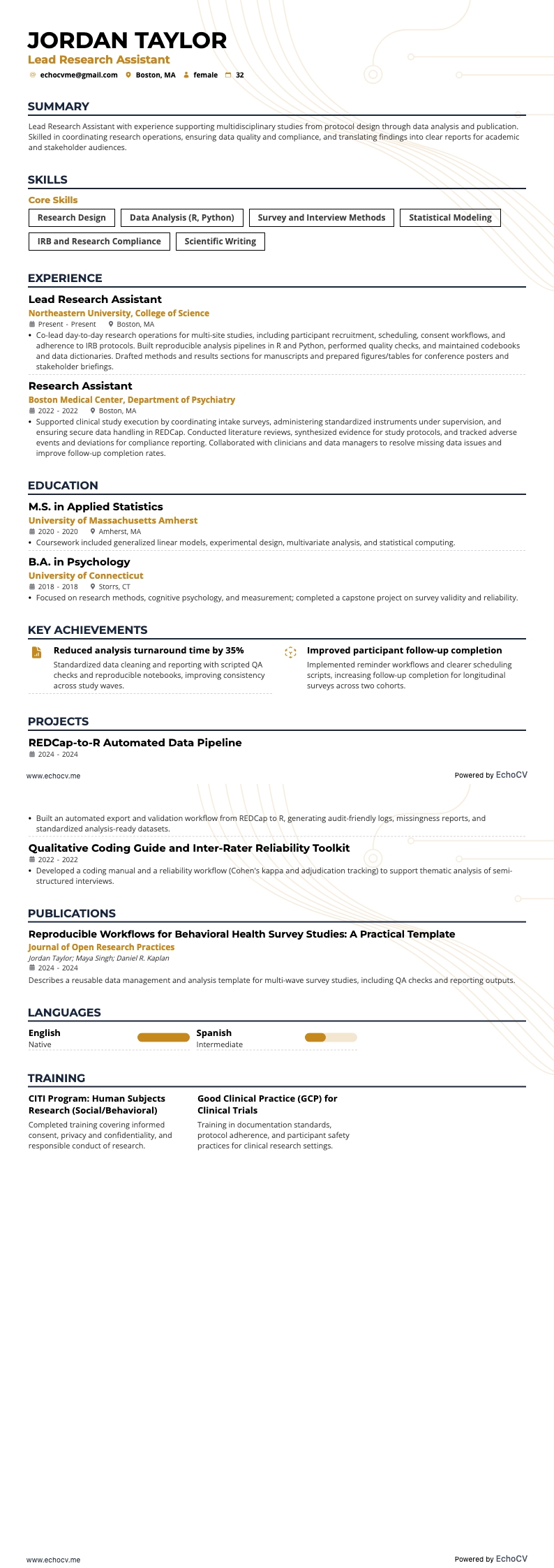 Assistente principal de pesquisa example resume