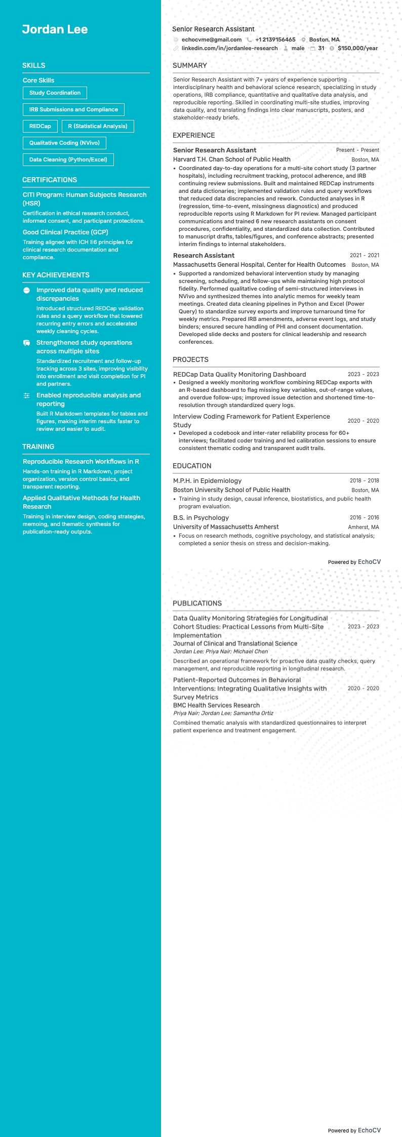 Assistente de Pesquisa Sênior example resume