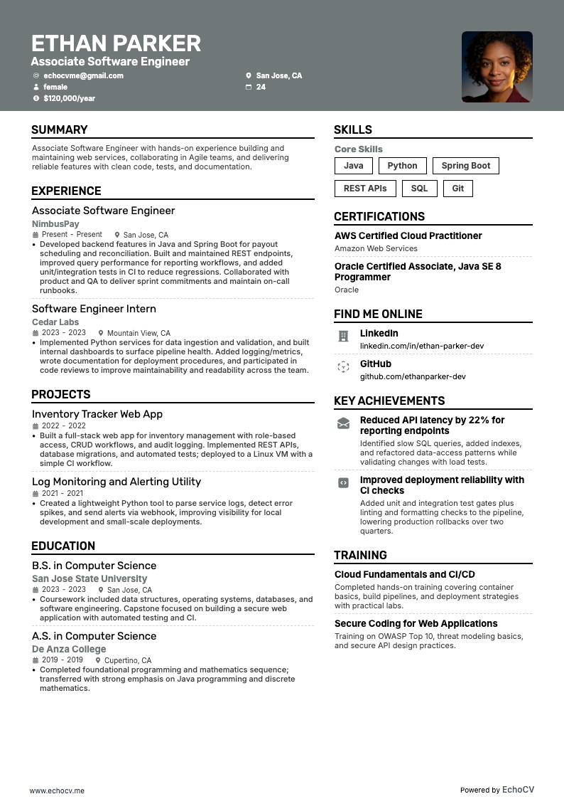 Associate Software Engineer example resume