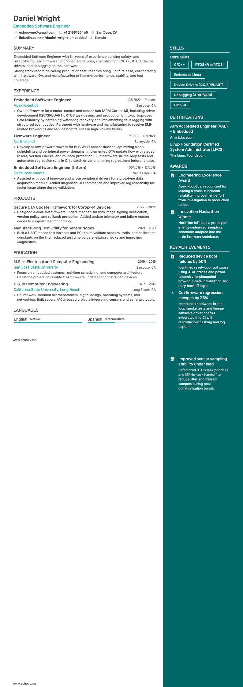 Embedded Software Engineer example resume