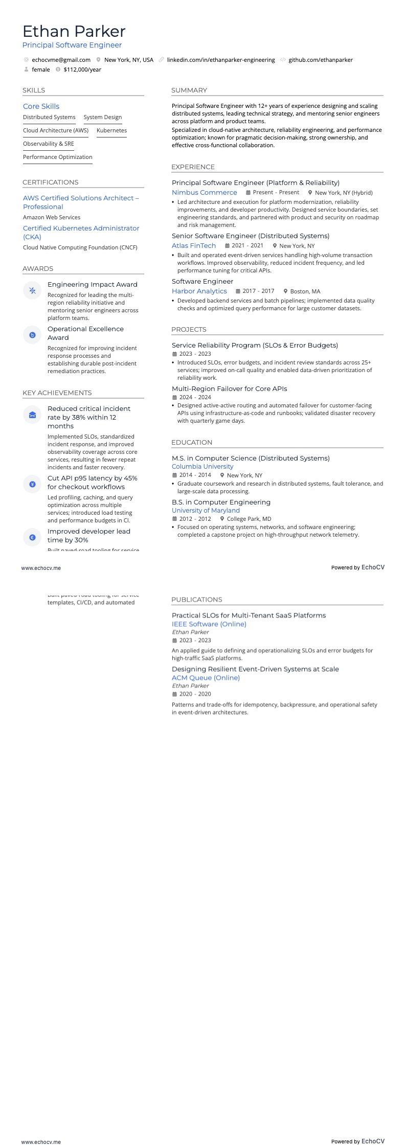 Principal Software Engineer example resume