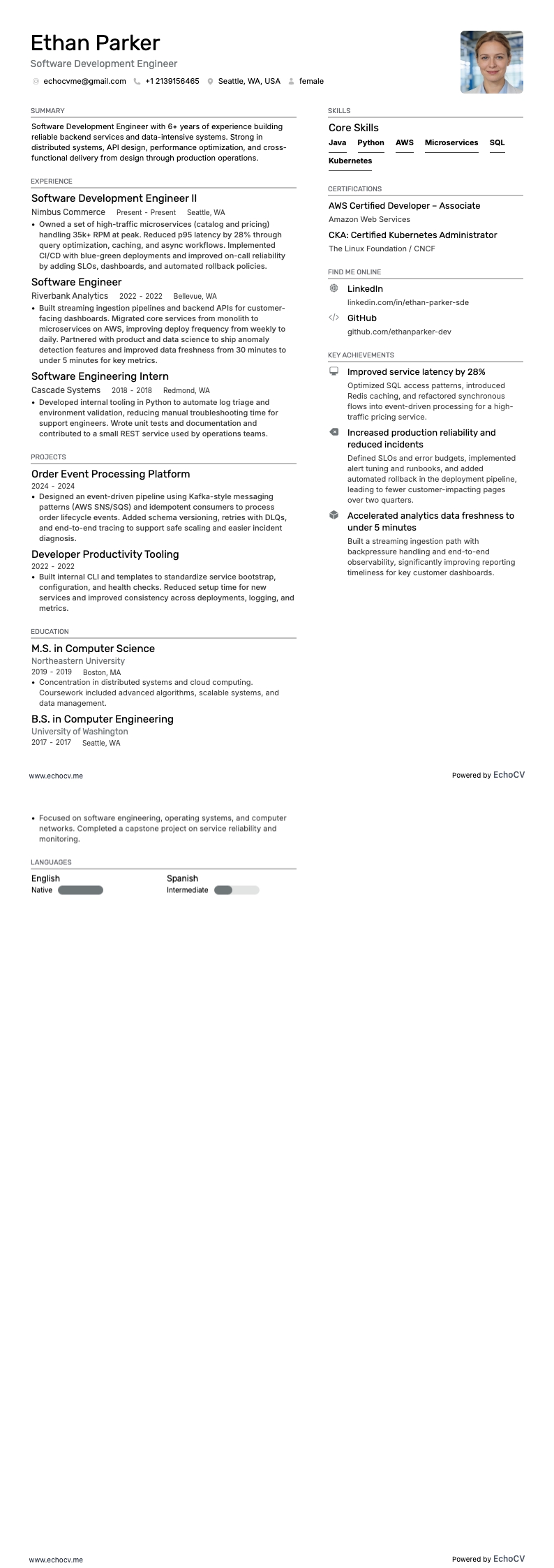Software Development Engineer example resume