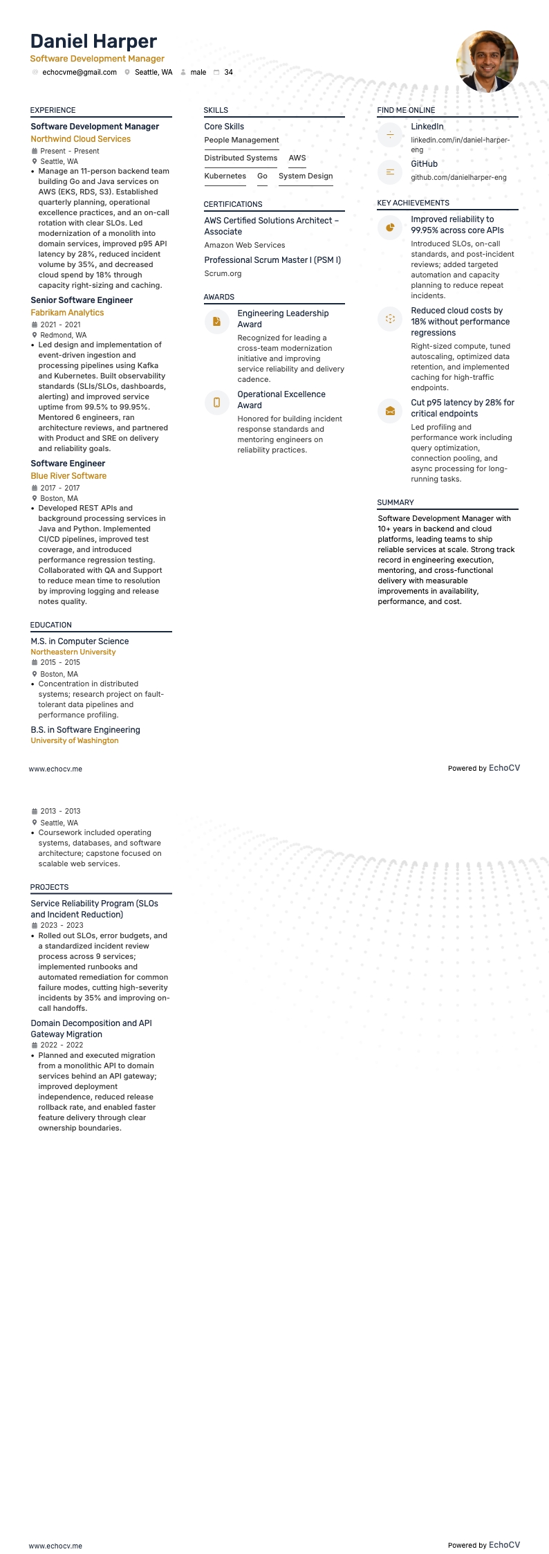 Software Development Manager example resume