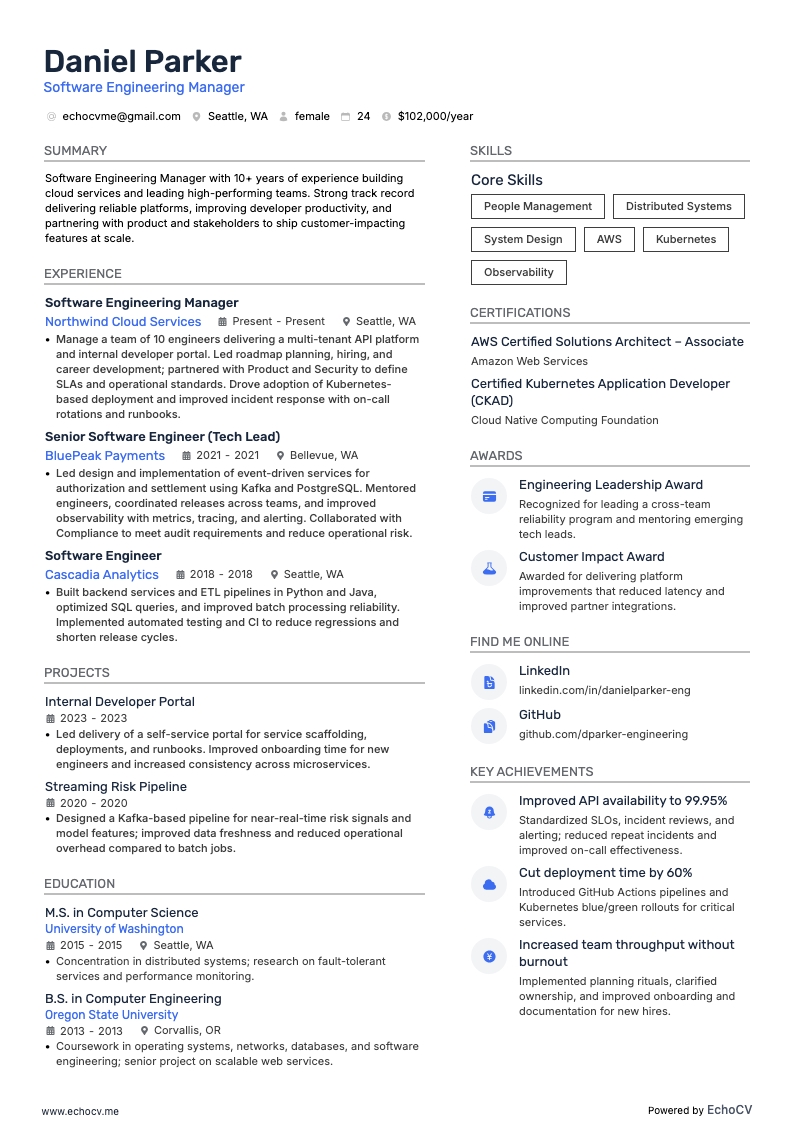 Software Engineering Manager example resume