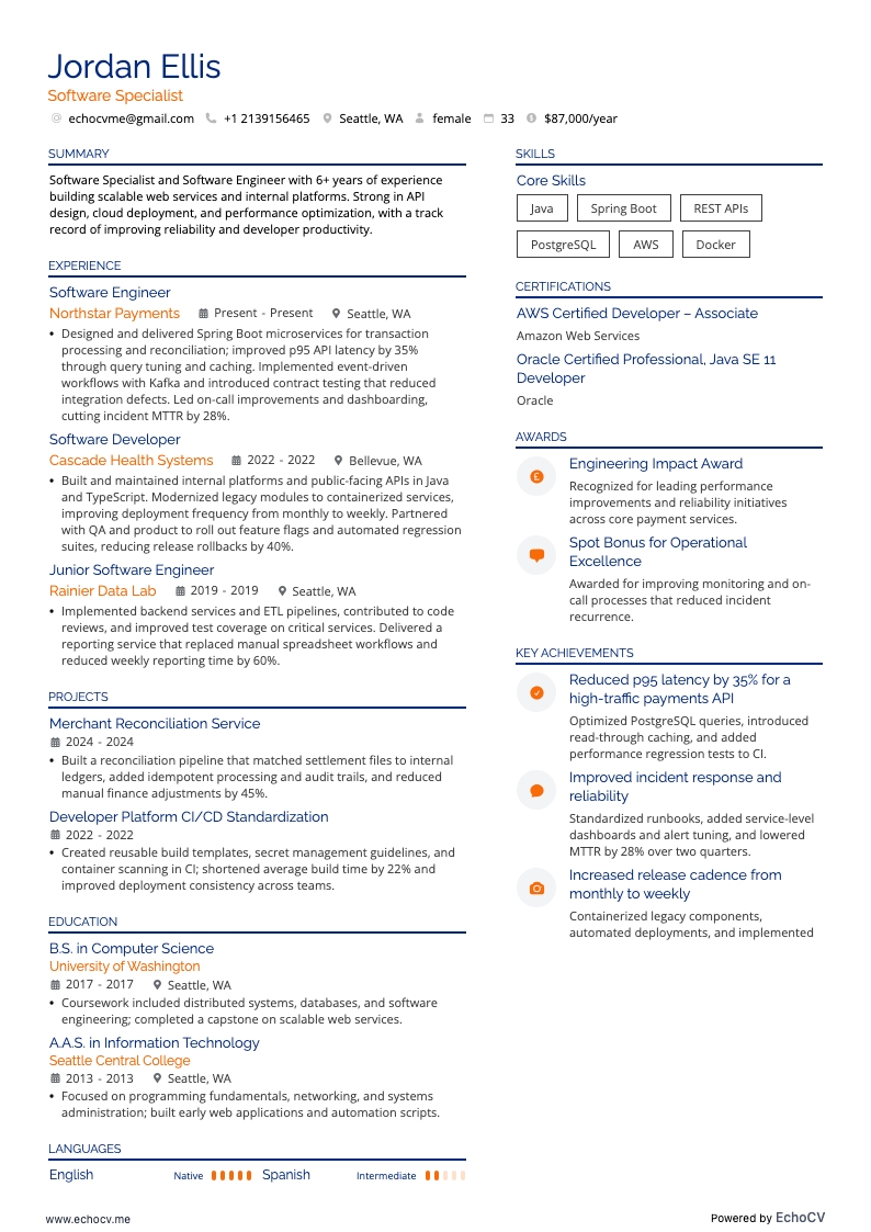 Software Specialist example resume