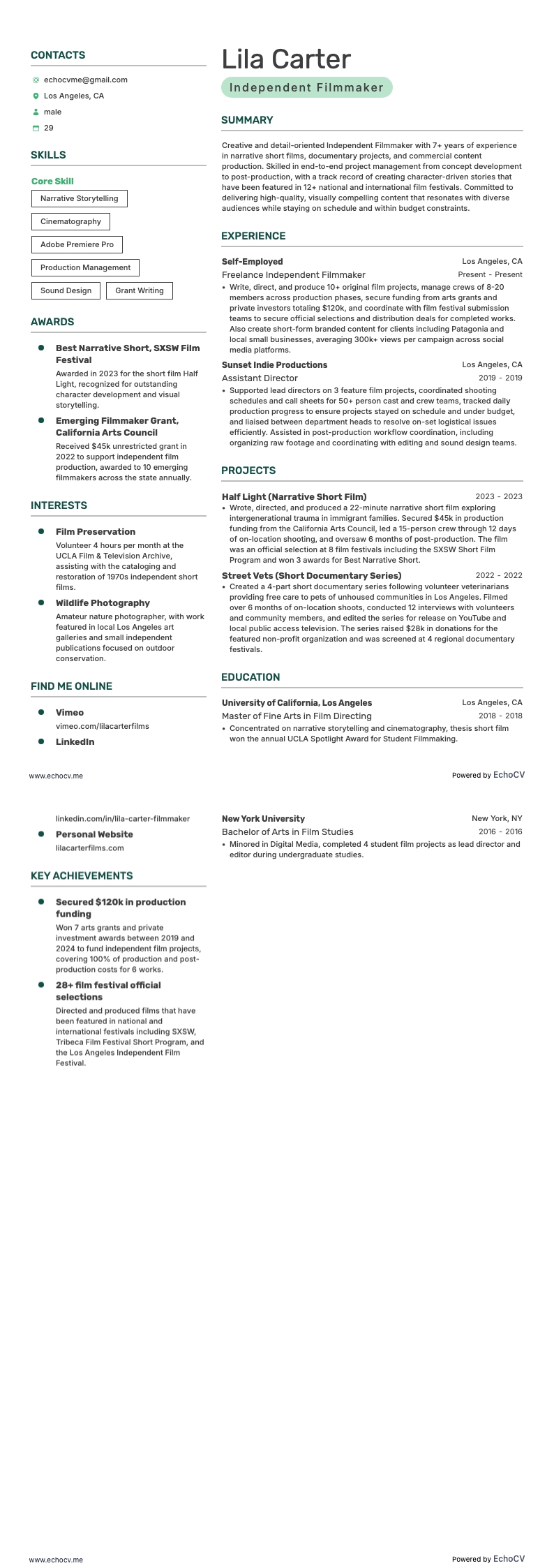 Independent Filmmaker example resume