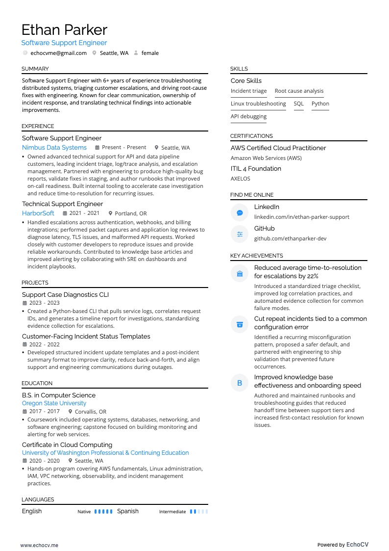 Software Support Engineer example resume