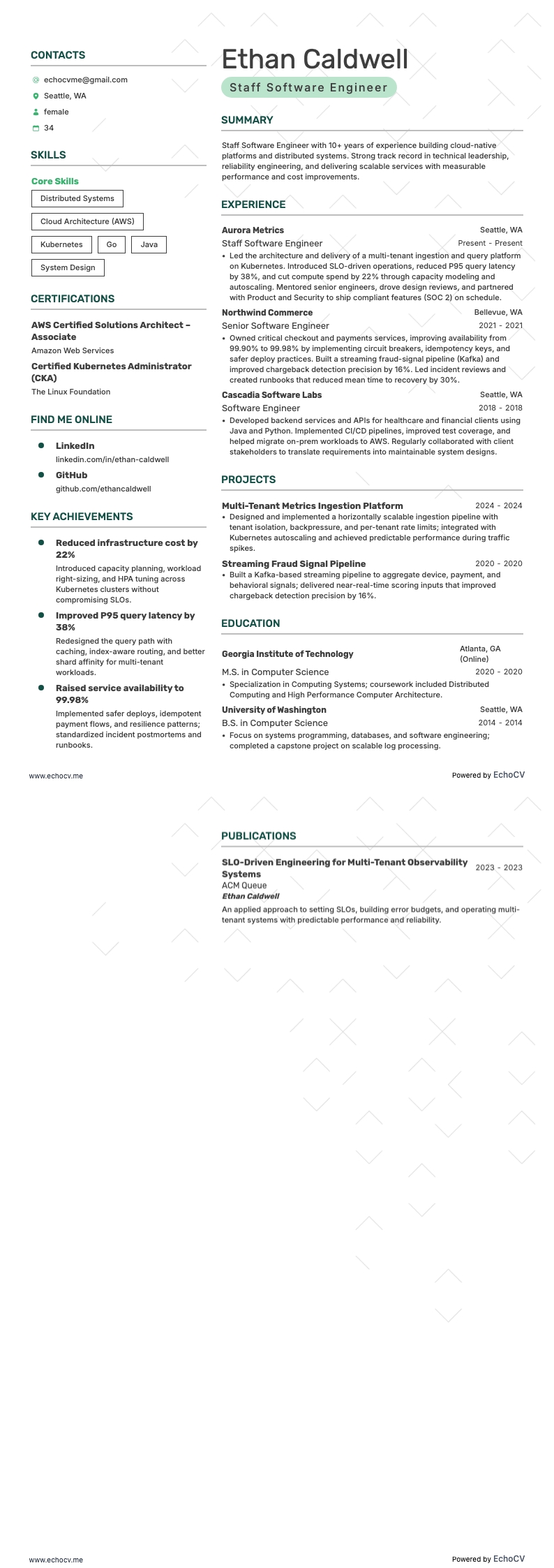 Staff Software Engineer example resume