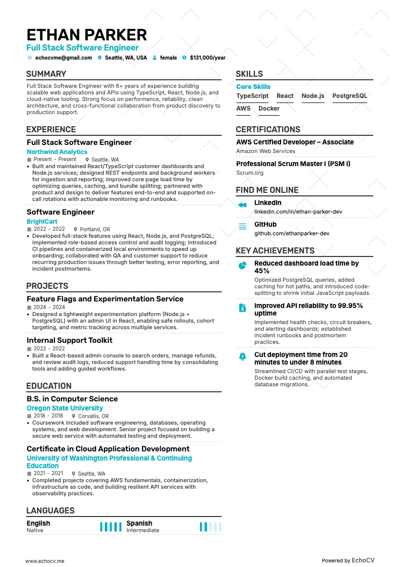 Full Stack Software Engineer example resume