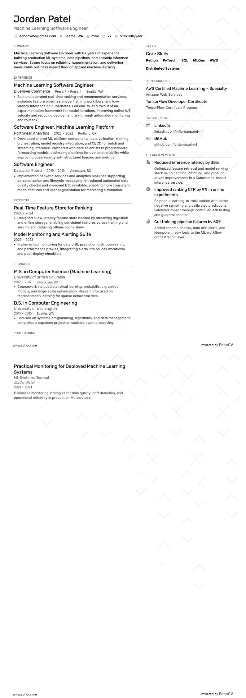 Machine Learning Software Engineer example resume