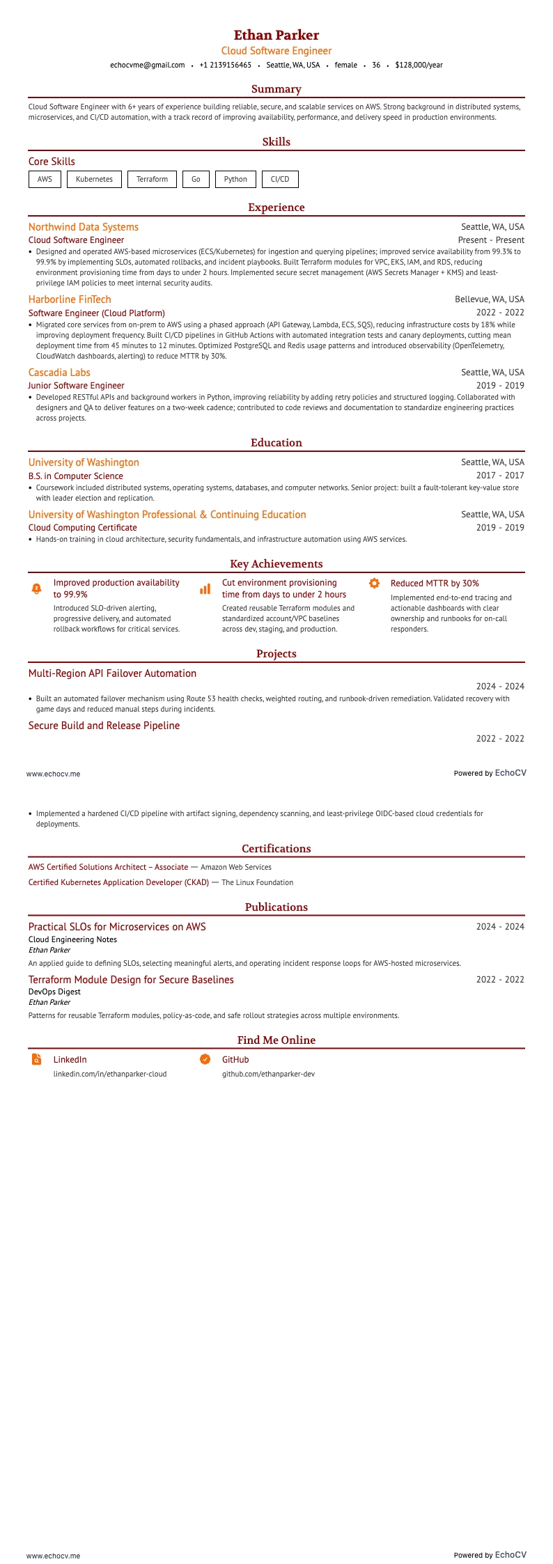 Cloud Software Engineer example resume