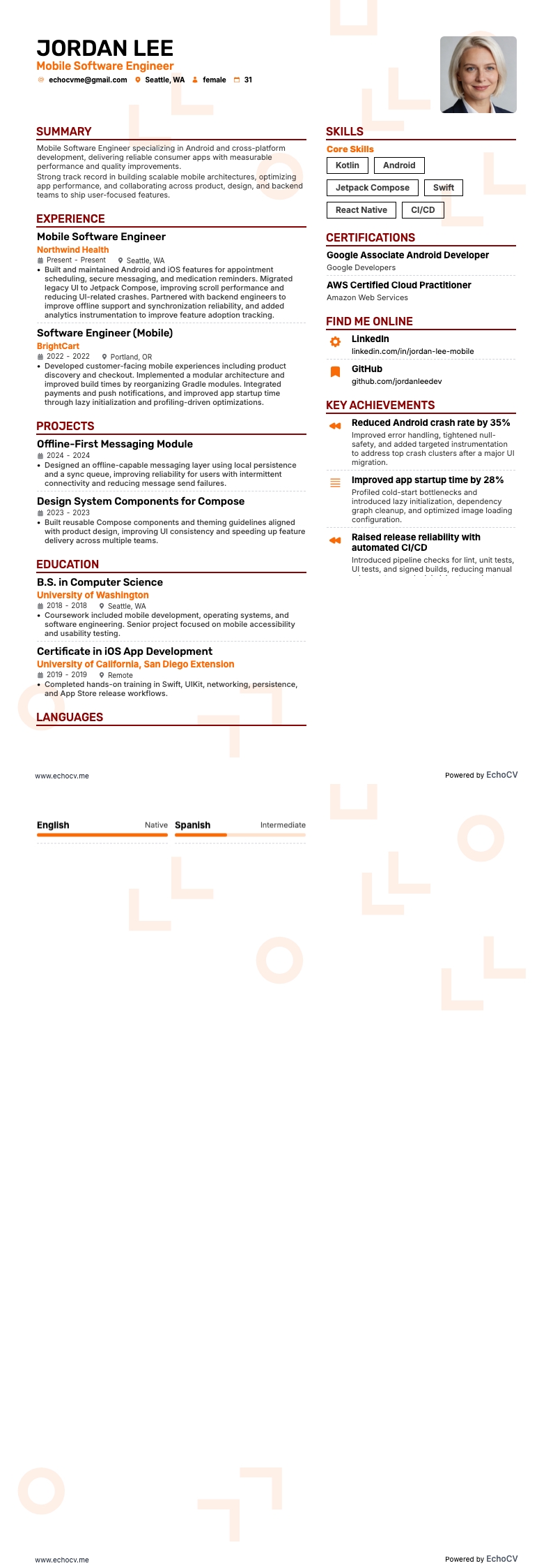 Mobile Software Engineer example resume