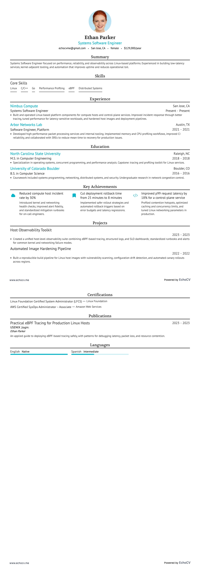 Systems Software Engineer example resume