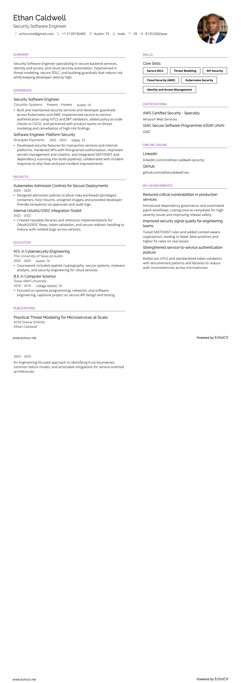 Security Software Engineer example resume