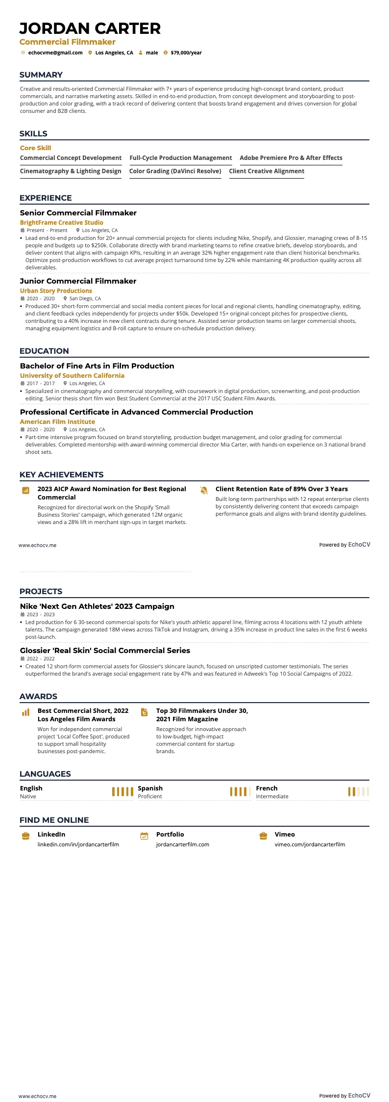 Commercial Filmmaker example resume