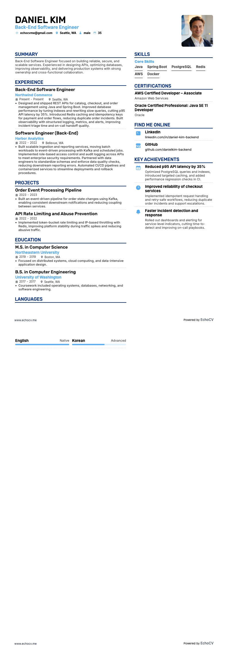 Back-End Software Engineer example resume