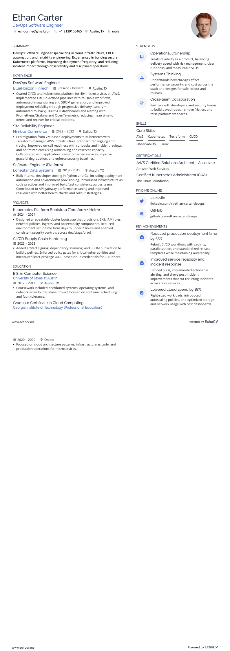DevOps Software Engineer example resume