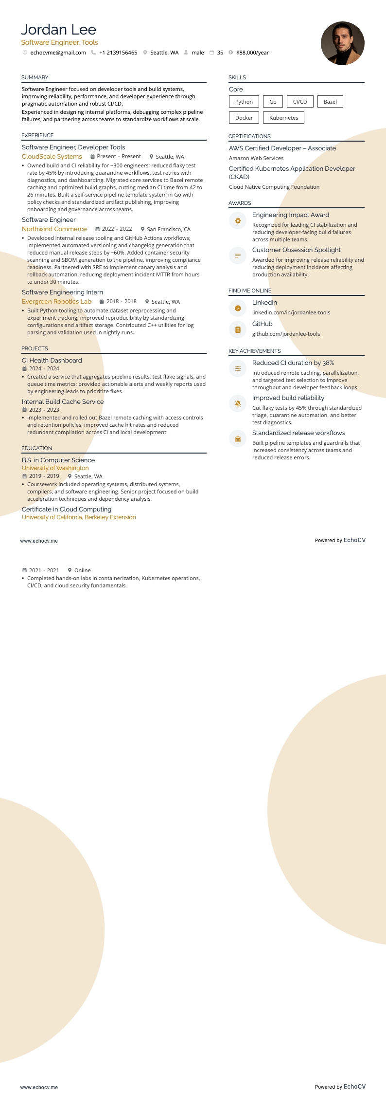 Software Engineer, Tools example resume