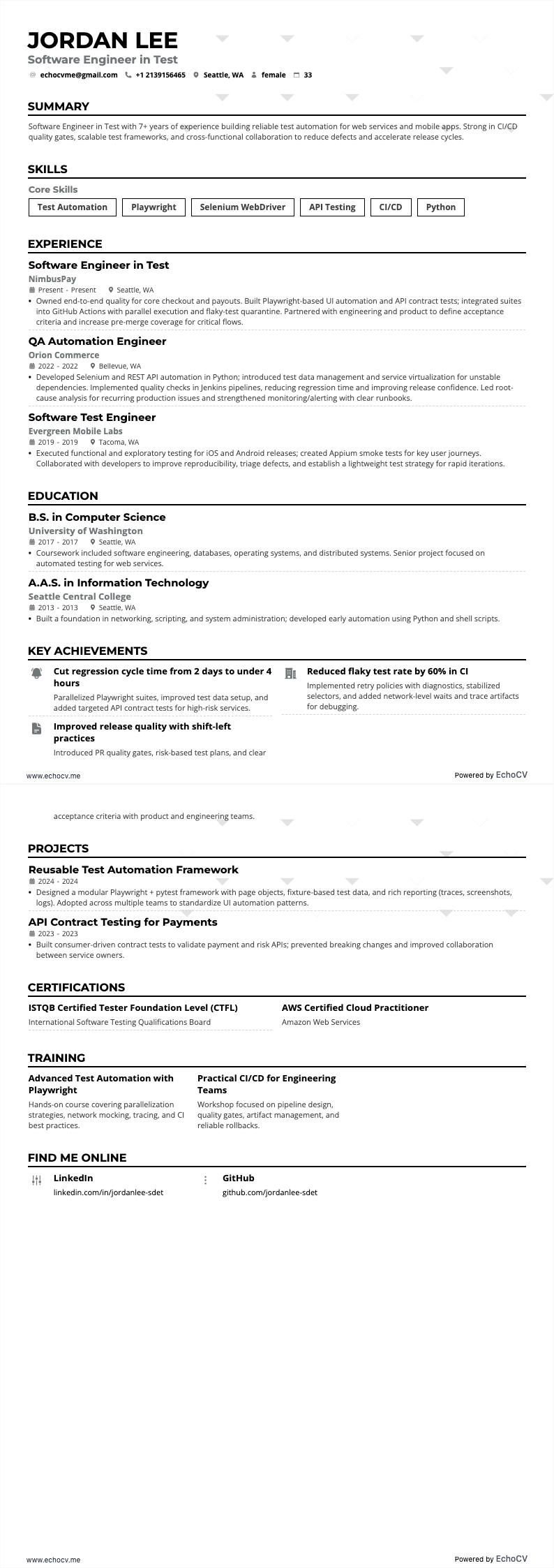 Software Engineer in Test example resume
