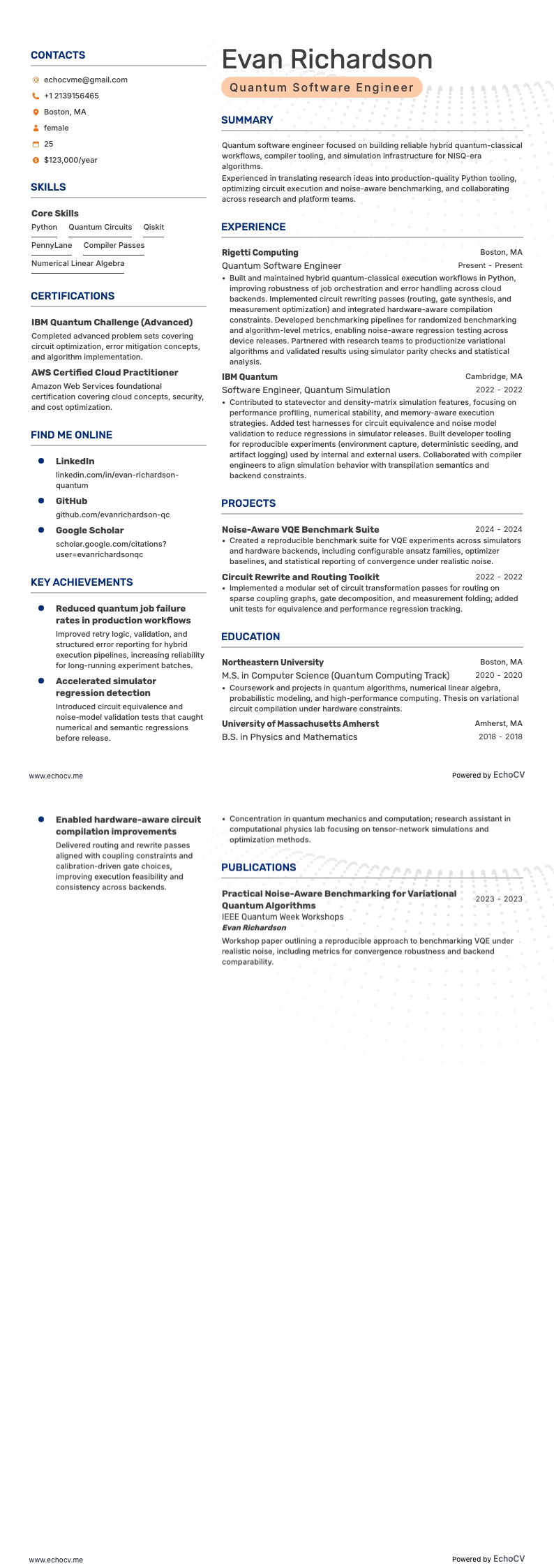 Quantum Software Engineer example resume