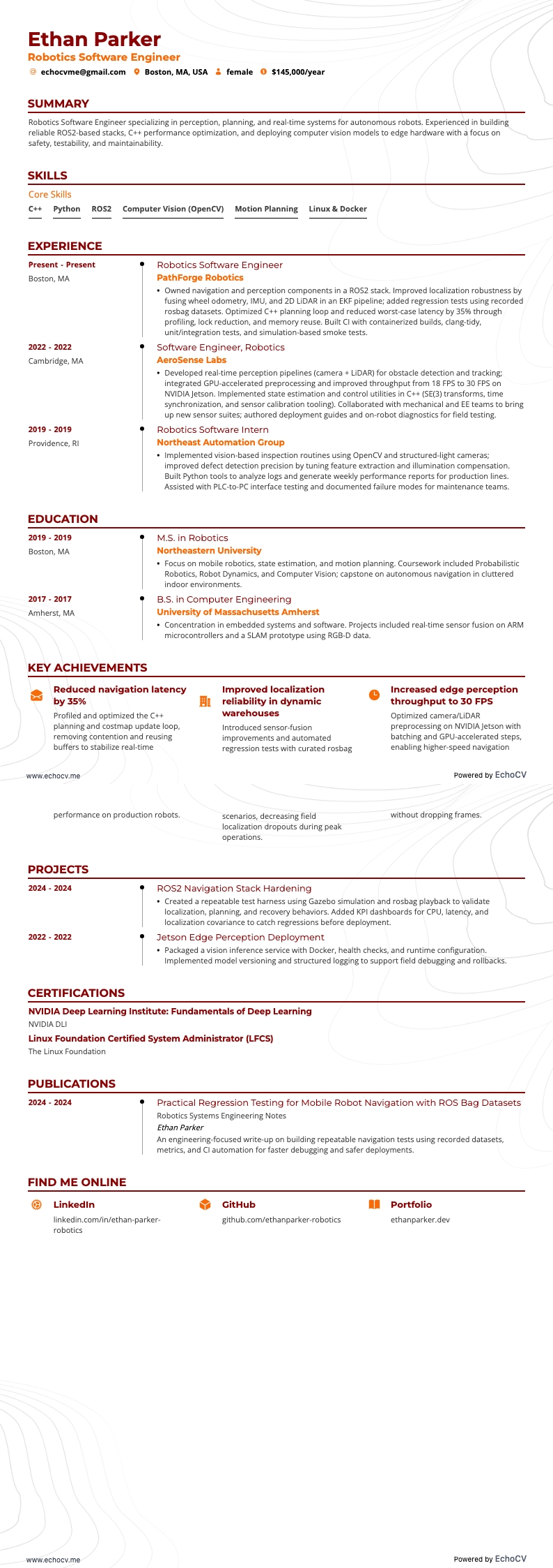 Robotics Software Engineer example resume