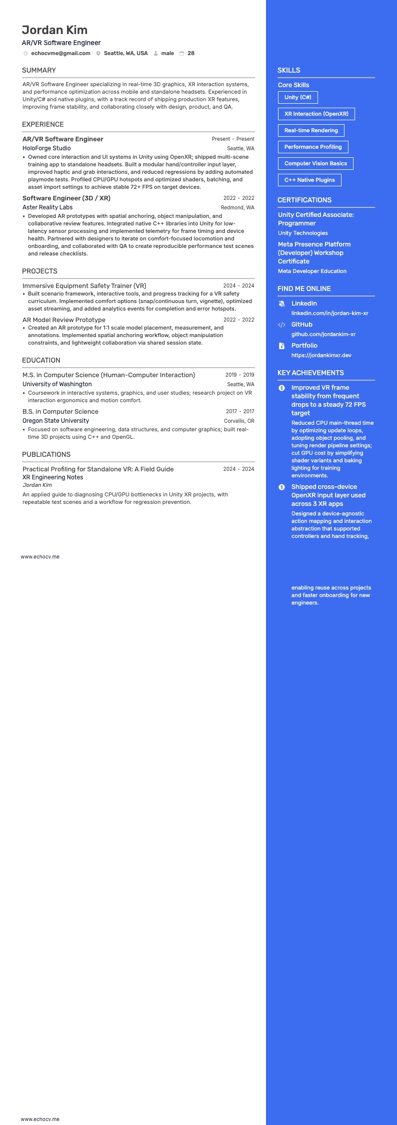 AR/VR Software Engineer example resume