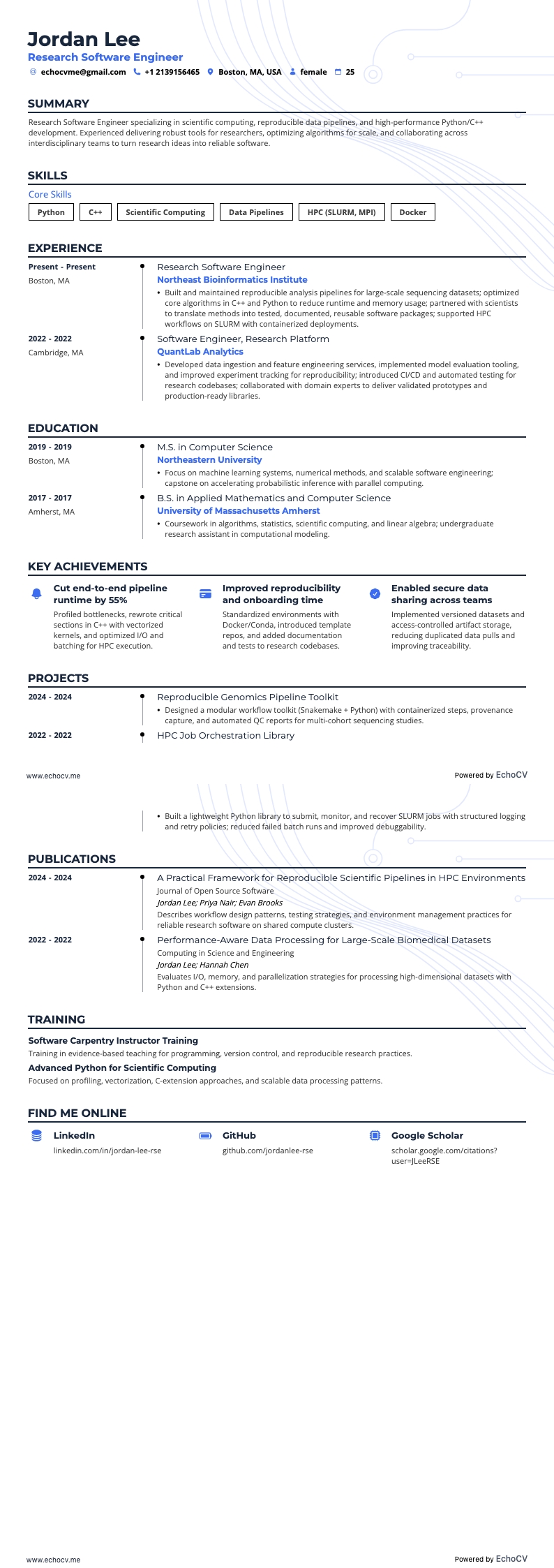 Research Software Engineer example resume