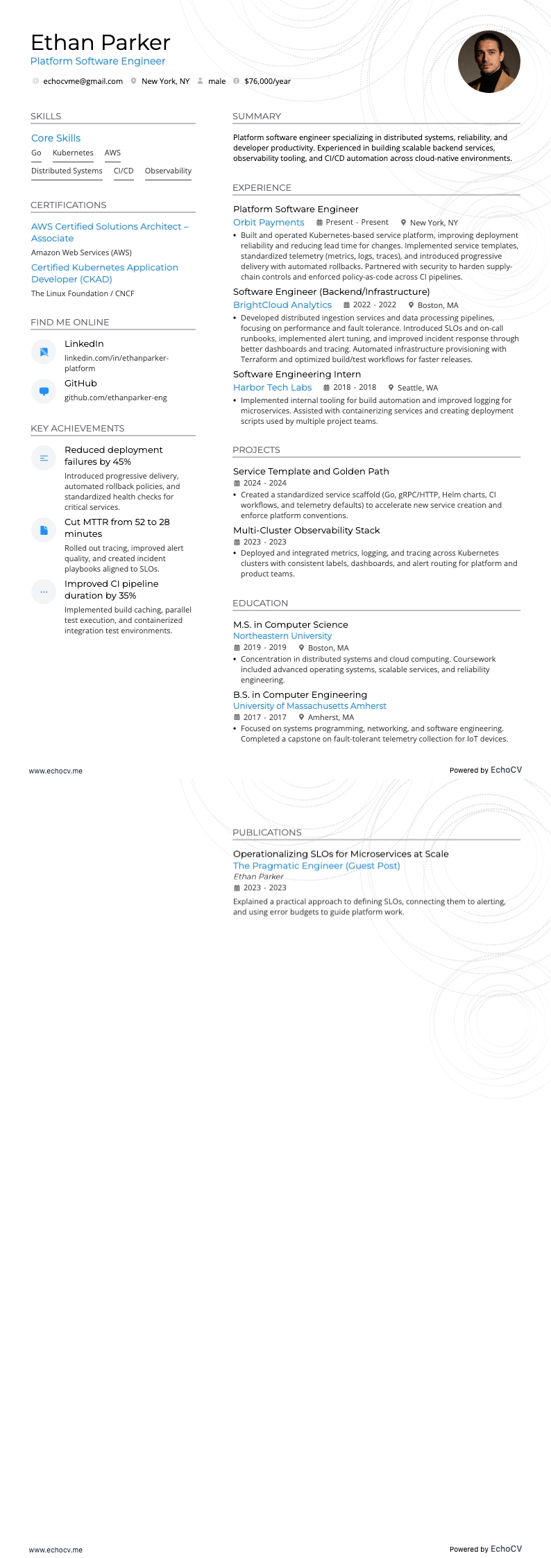 Platform Software Engineer example resume