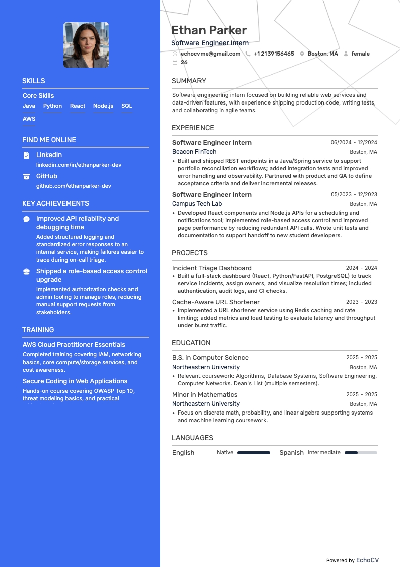 Software Engineer Intern example resume