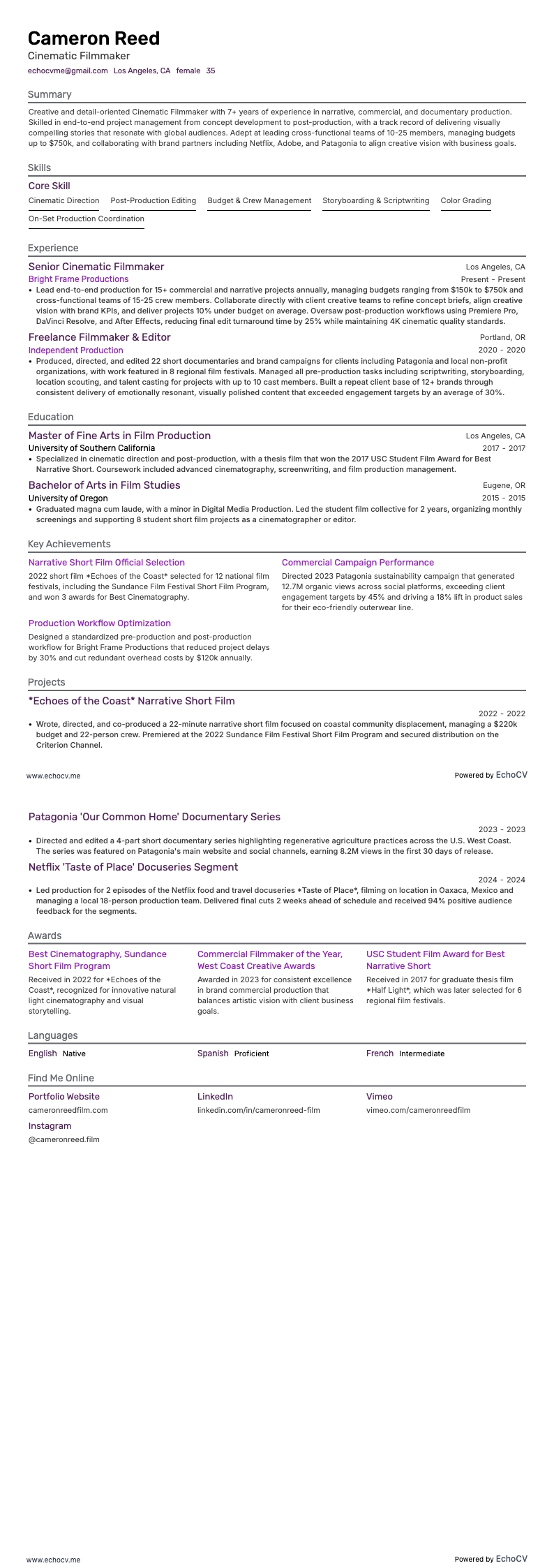 Cinematic Filmmaker example resume