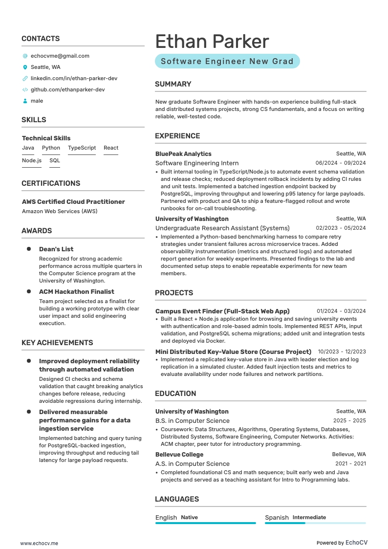 Software Engineer New Grad example resume