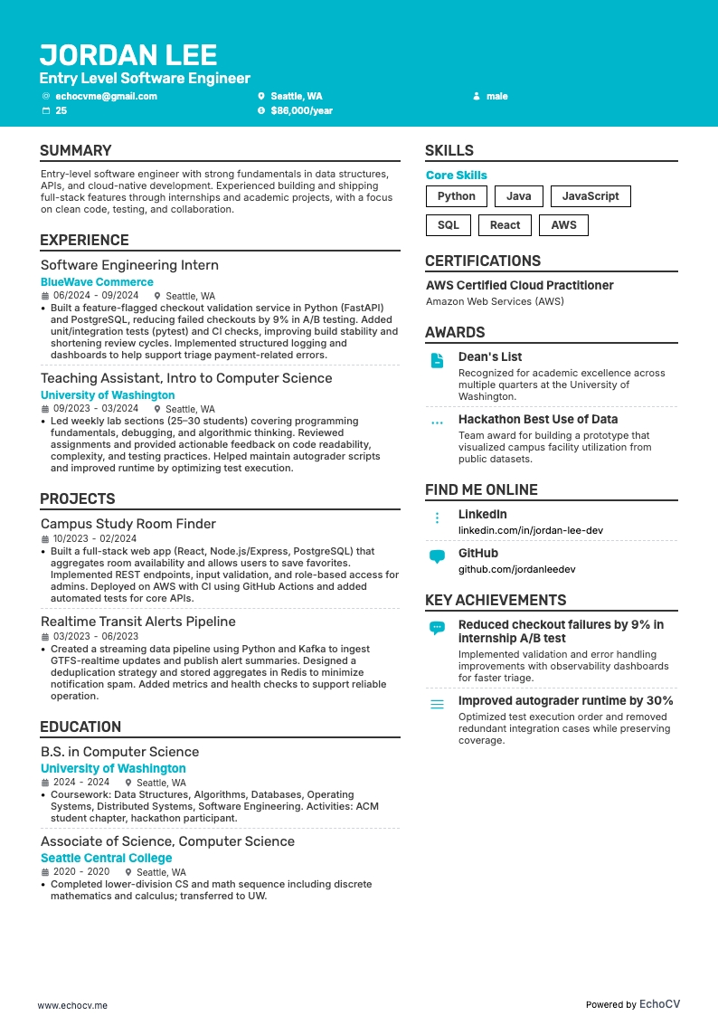 Entry Level Software Engineer example resume